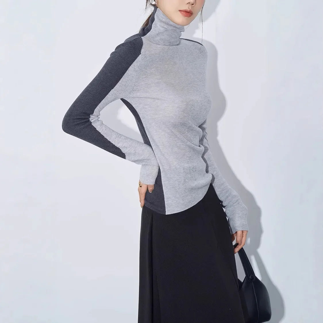 Colorblock Turtleneck Long Sleeve Slim Fit Top 5
