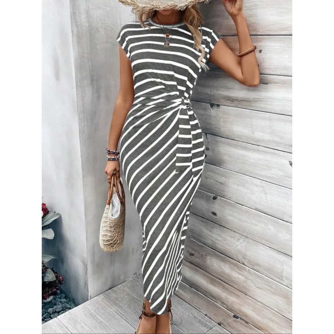 Striped Cap Sleeve Twist Front Bodycon Midi Dress 4