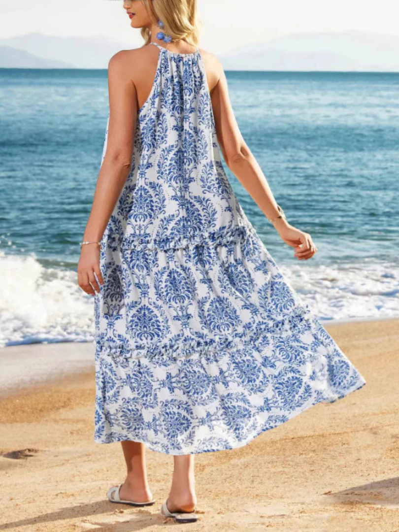 Floral Border Print Halter Neck Tiered Maxi Dress 4