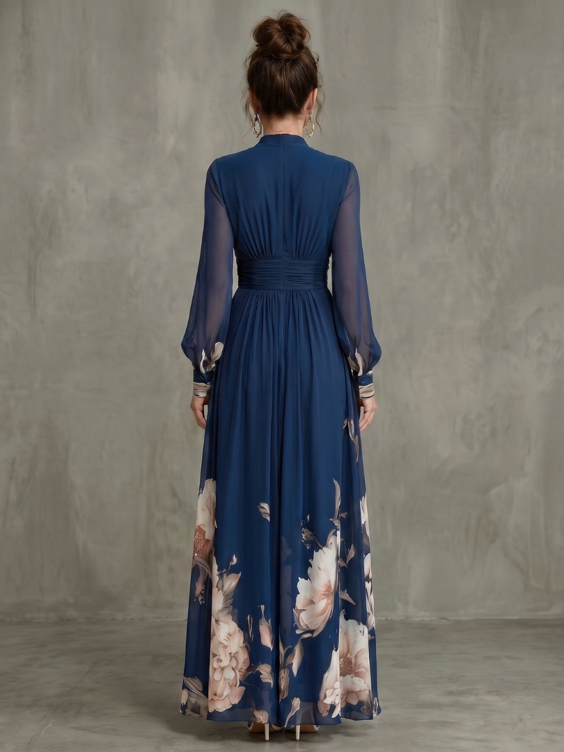 Floral Deep V-Neck Long Sheer Sleeve Chiffon Maxi Dress 4
