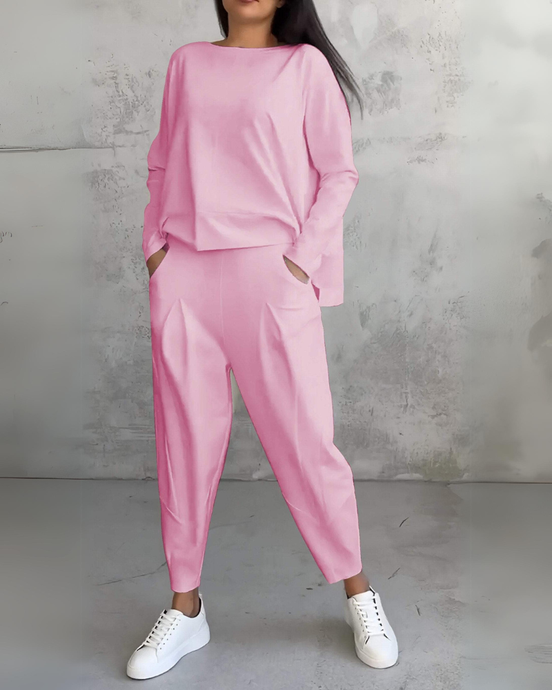 Boat Neck Long Sleeve Top and Tapered Pants Two Piece Lounge Set 3