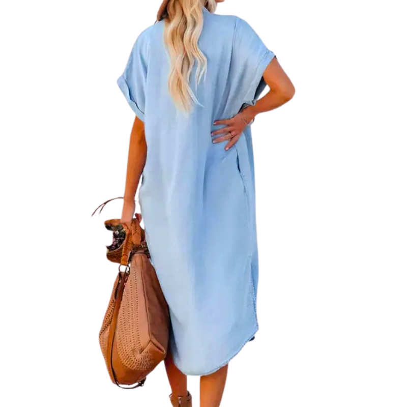 Denim Look Button Front Short Sleeve Midi Shirt Dress 3