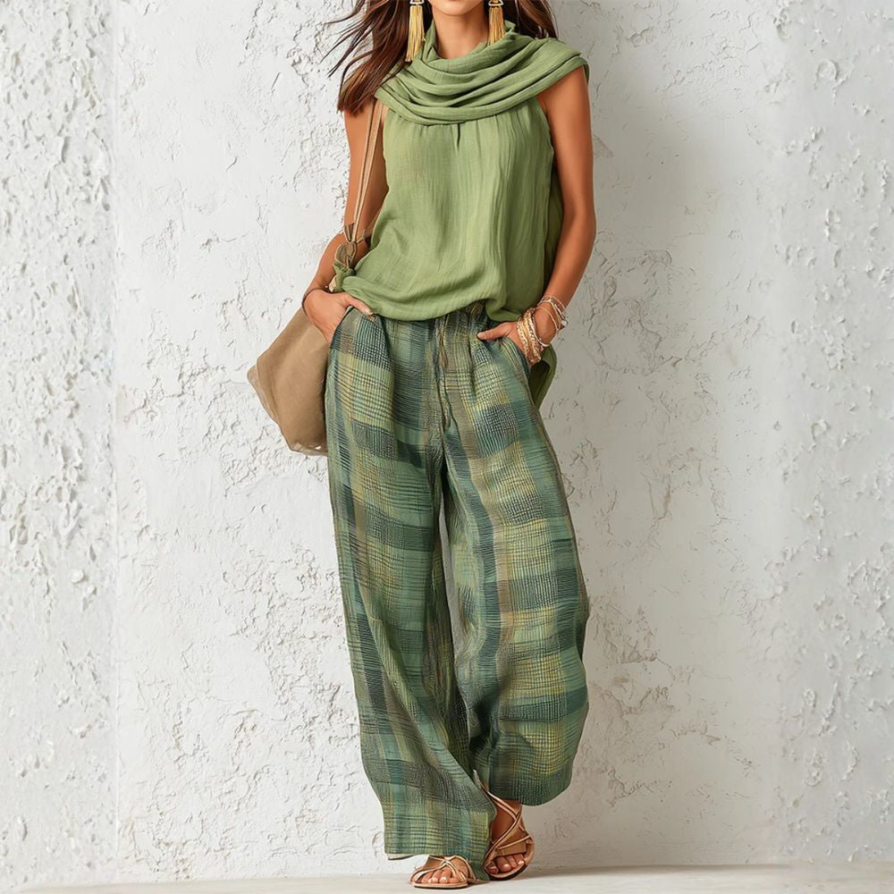 Cowl Neck Sleeveless Top and Print Wide Leg Pants Two Piece Set 4