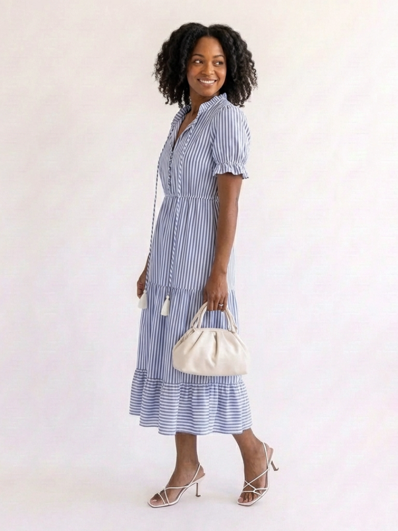Striped Short Sleeve Button Front Tiered Midi Shirt Dress 4