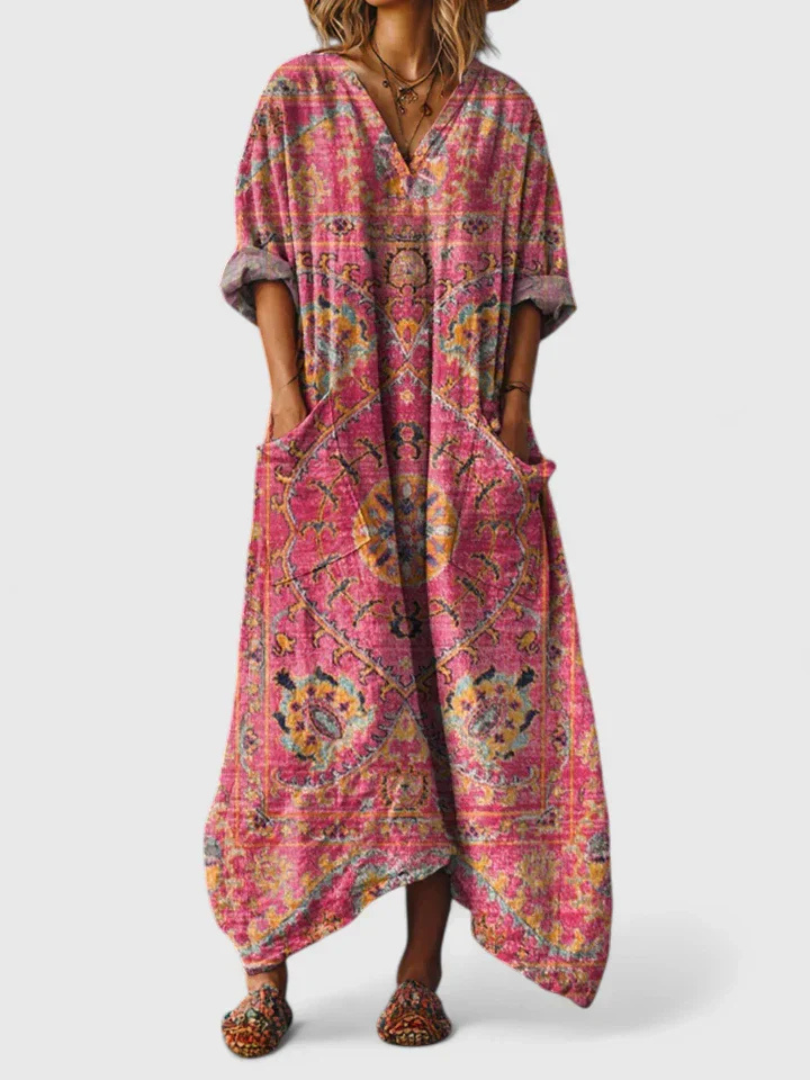Abstract Print V-Neck Roll Sleeve Kaftan Maxi Dress 4