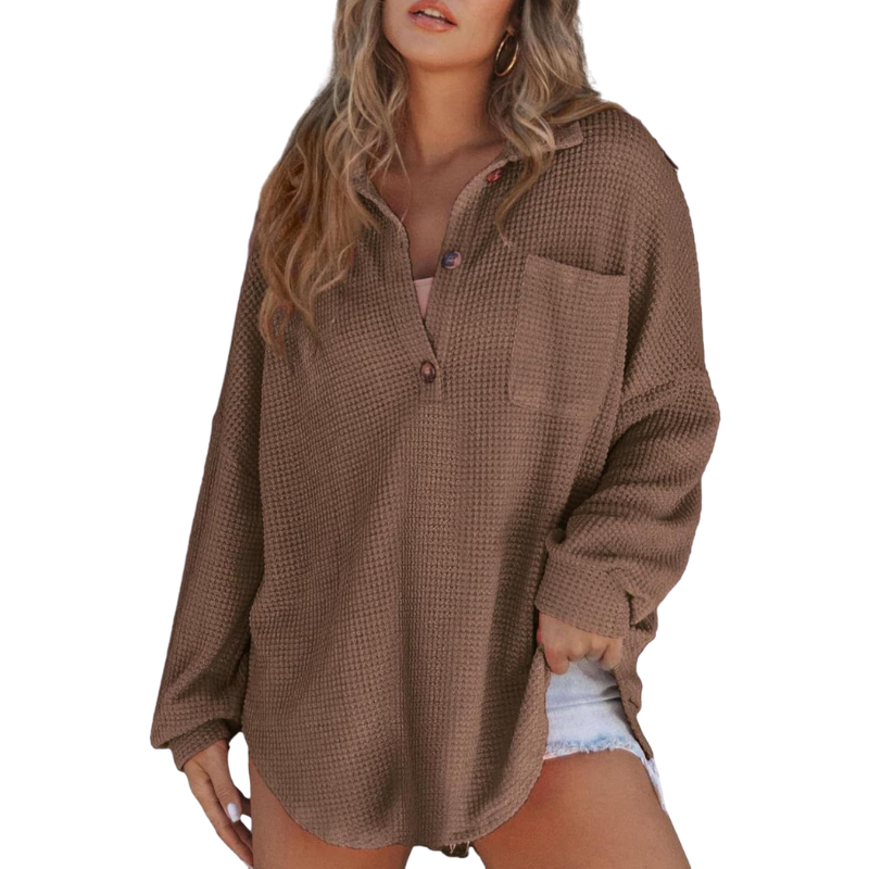 Collared Button Front Waffle Knit Long Sleeve Pocket Top 4