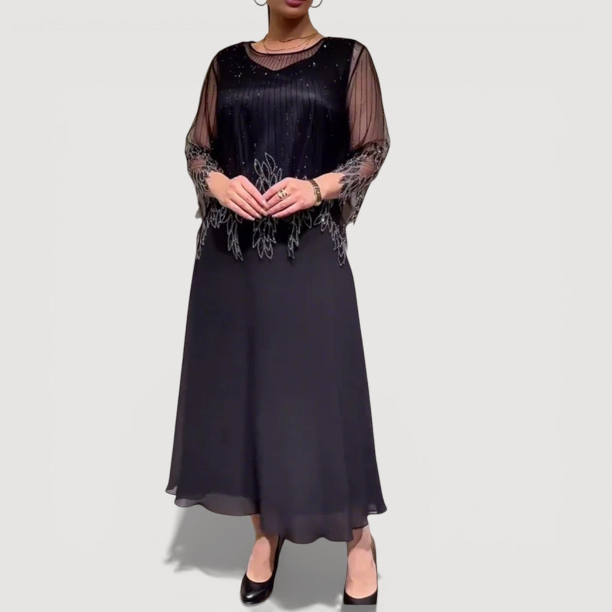 Beaded Illusion Neck Sheer Sleeve Floral Overlay Maxi Gown 3