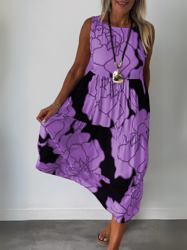 Floral Print Sleeveless Round Neck Tiered Relaxed Midi Dress - View 8