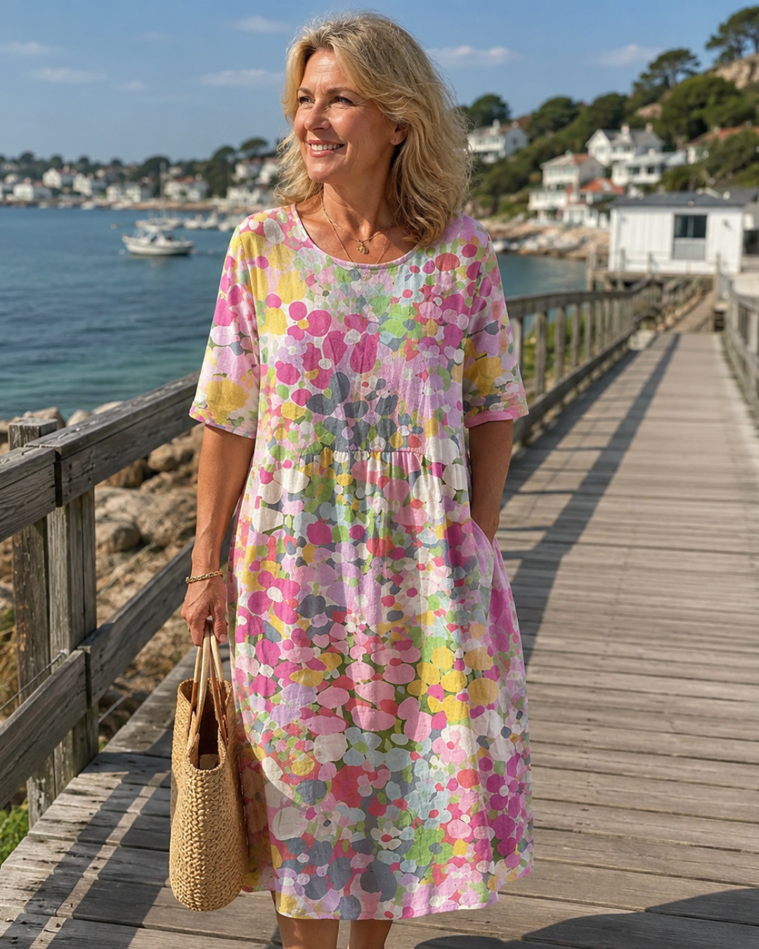 Floral Dot Print Round Neck Short Sleeve Midi Dress 2
