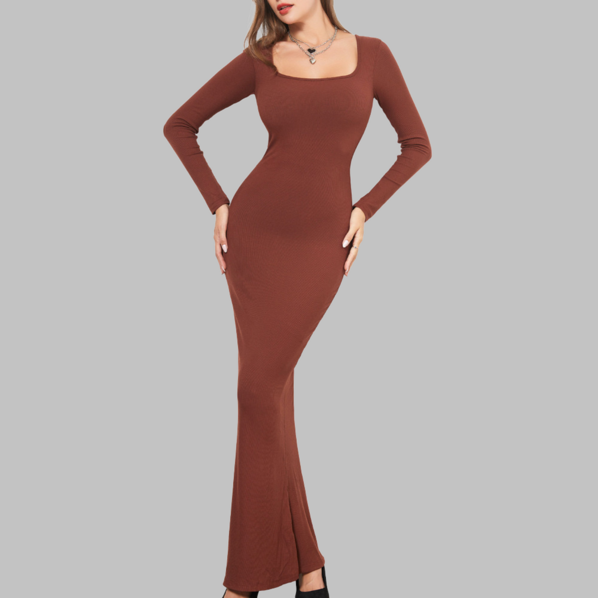 Ribbed Knit Square Neck Long Sleeve Bodycon Maxi Dress 2