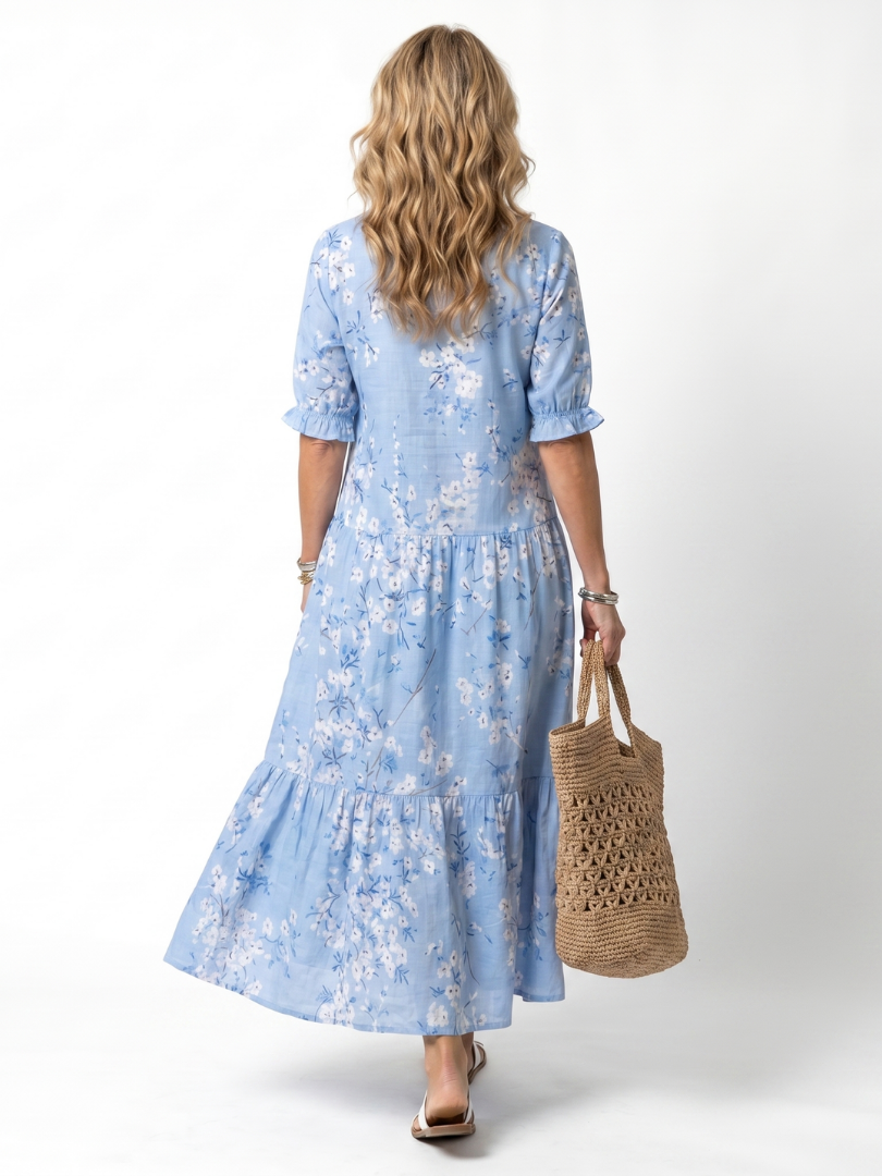 Floral Print V-Neck Puff Sleeve Tiered Maxi Dress 4
