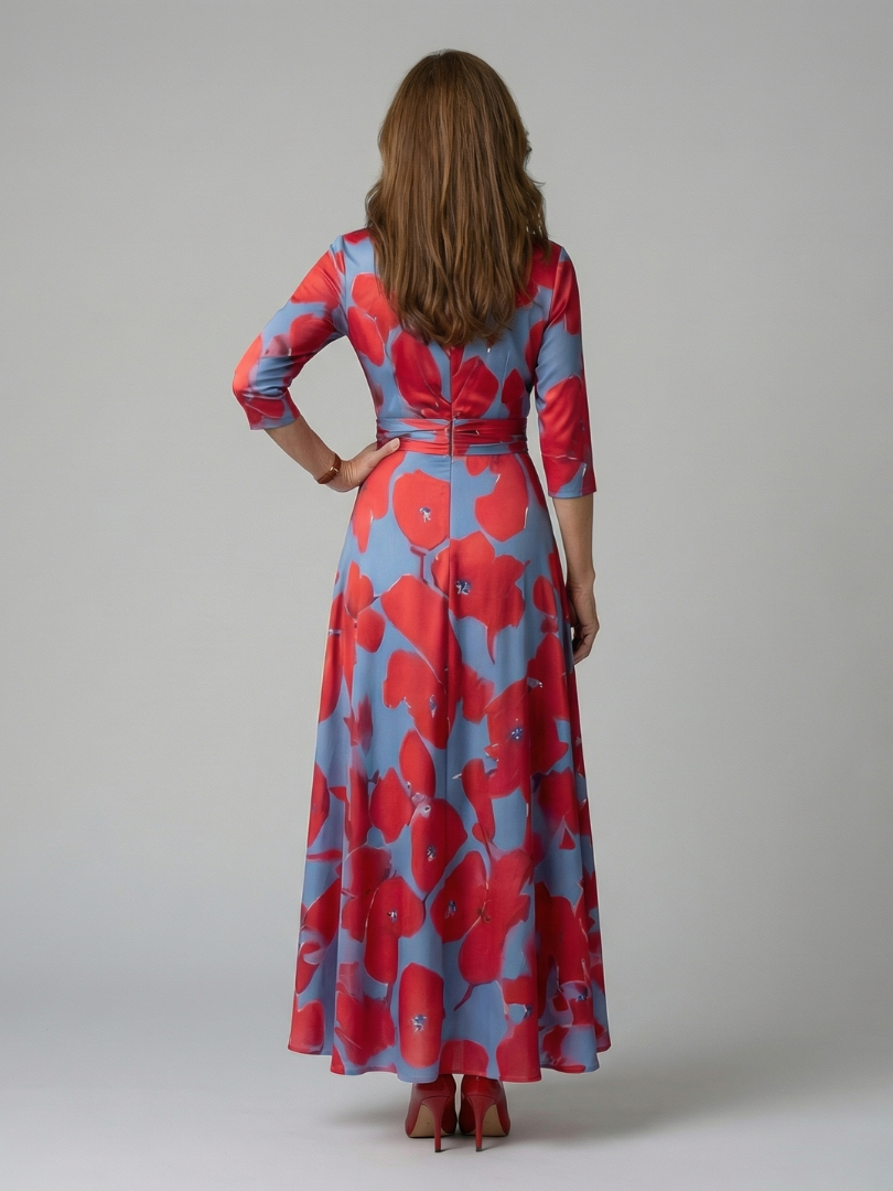 Floral V-Neck Wrap Three Quarter Sleeve Satin Maxi Dress 8