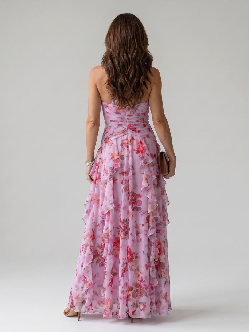 Halter Neck Deep V-Neck Ruffle Floral Maxi Dress 4