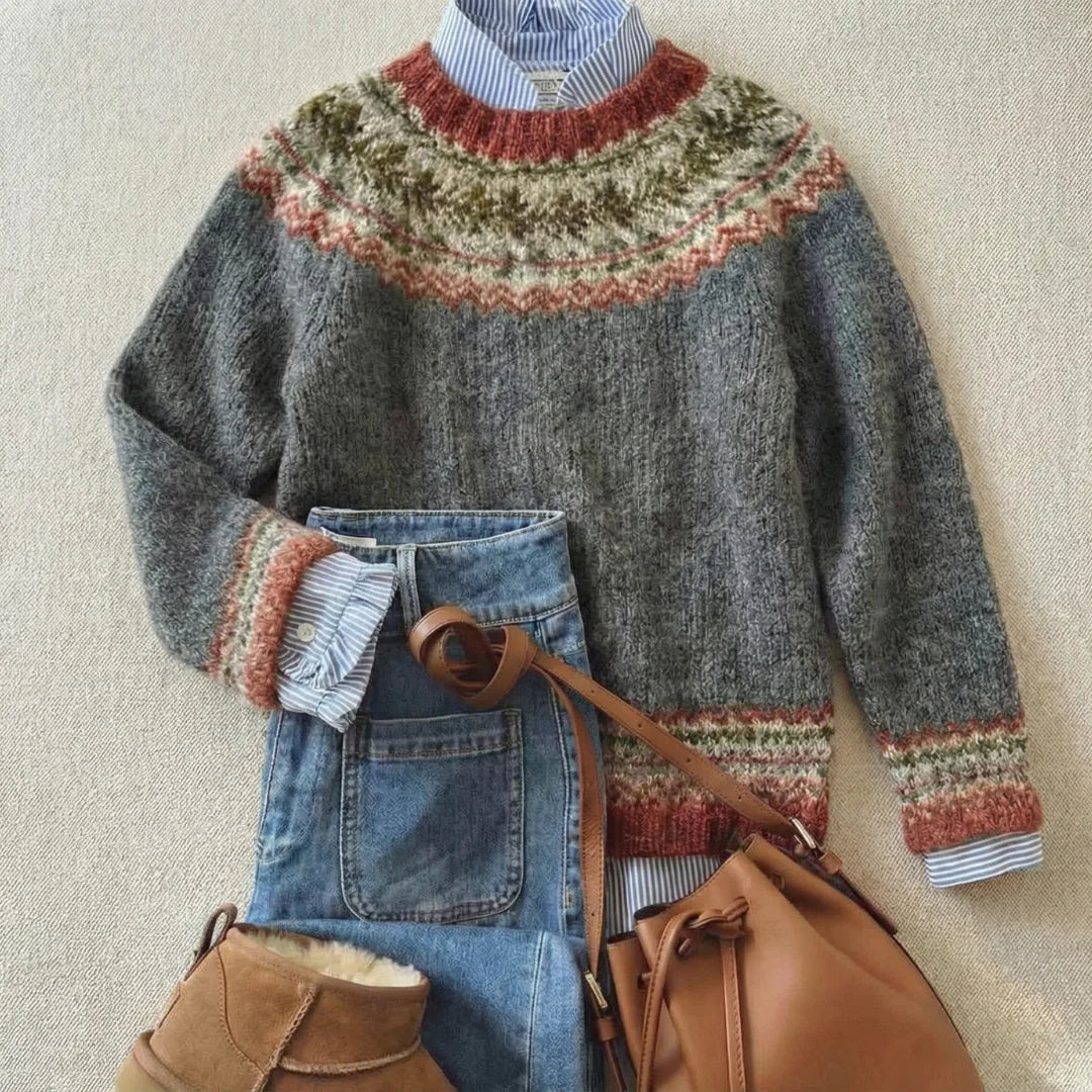 Fair Isle Yoke Crew Neck Knit Sweater