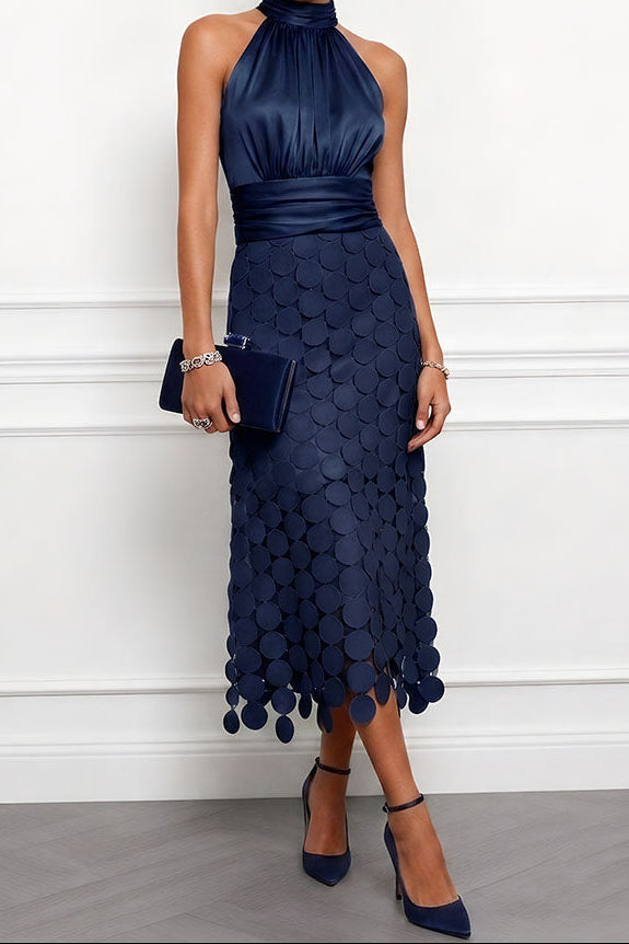 Halter Neck Satin Bodice Laser Cut Disc Midi Dress 4