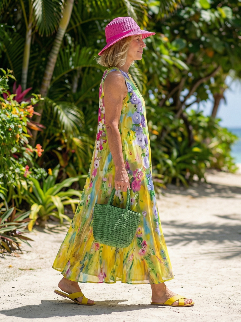 Notch Neck Sleeveless Watercolor Floral Maxi Dress 3