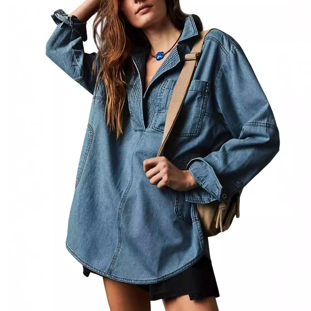 Collared Button Front Long Sleeve Oversized Denim Shirt 4