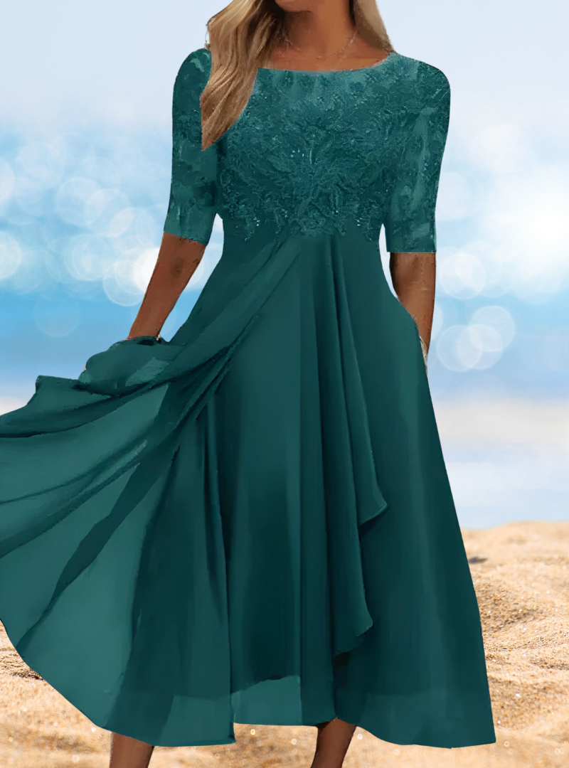 Lace Illusion Neck Elbow Sleeve Bodice Pocket A-Line Midi Dress - View 6