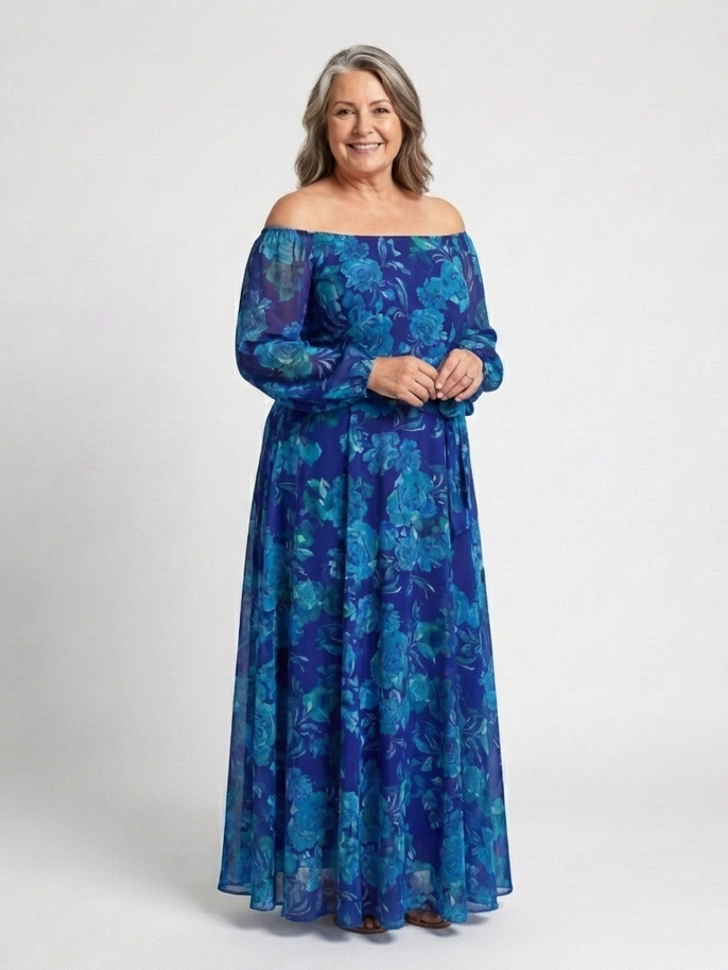 Floral Off Shoulder Long Sleeve Belted Maxi Dress 4