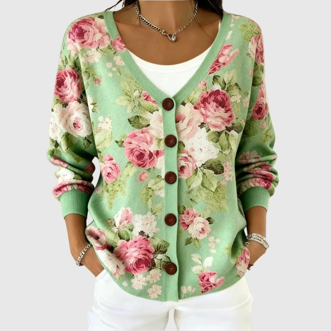 Rose Floral Print V-Neck Button Front Knit Cardigan