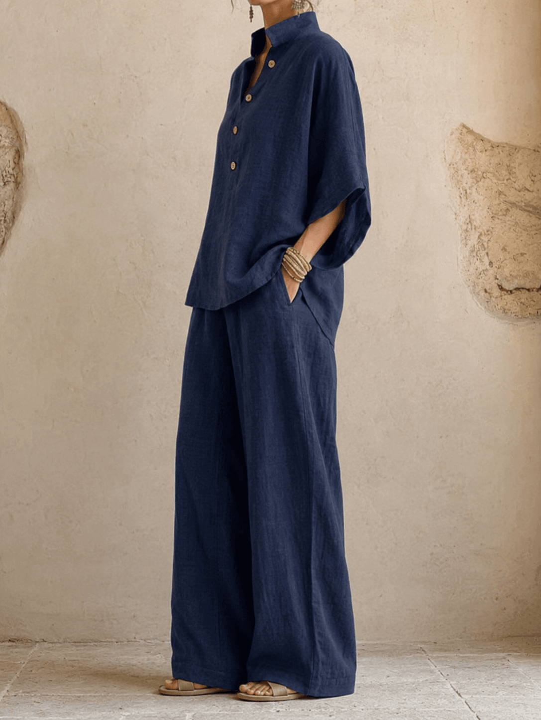 Stand Collar Three Quarter Sleeve Button Top and Wide Leg Pants Two Piece Set 3