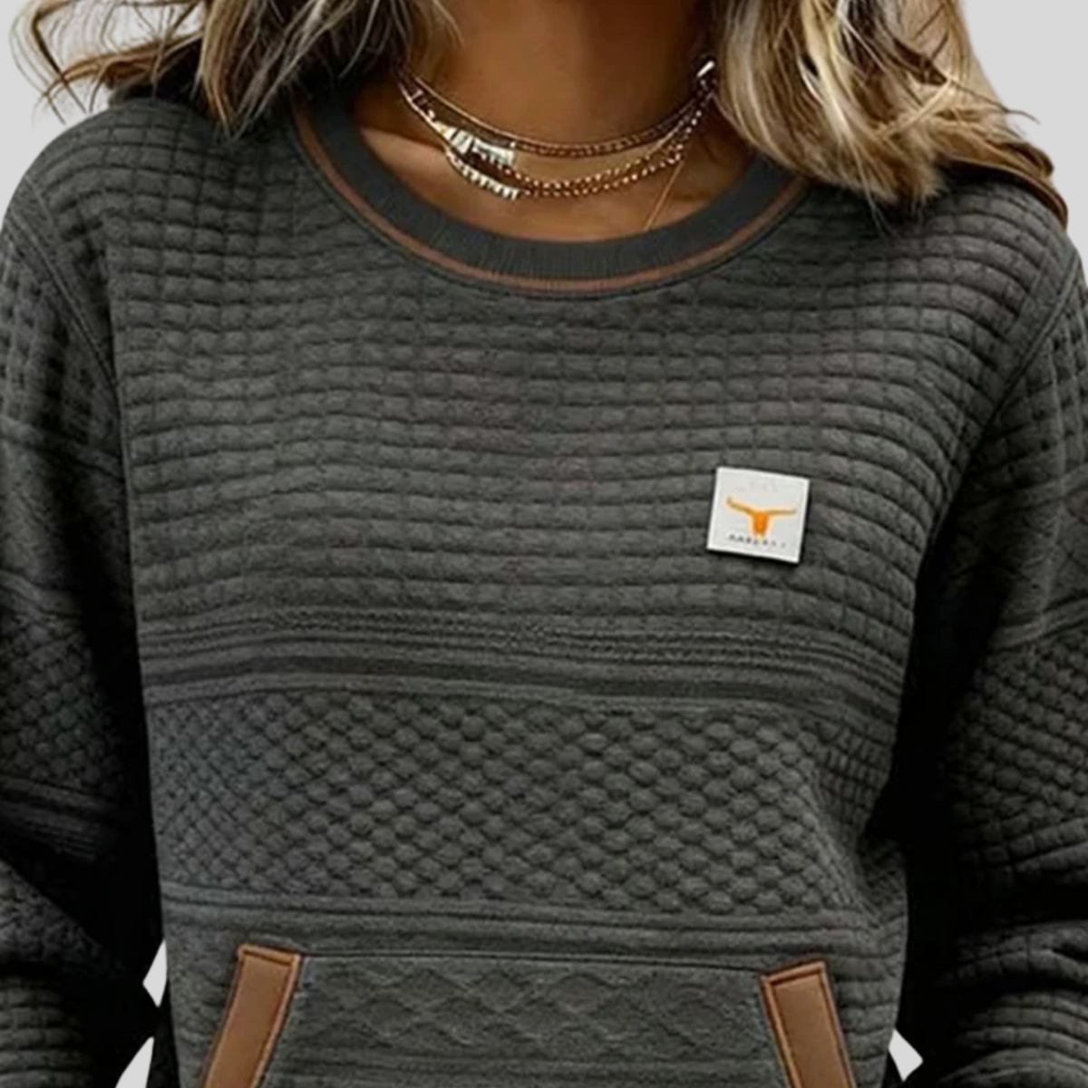 Quilted Crew Neck Front Pocket Long Sleeve Sweatshirt 4