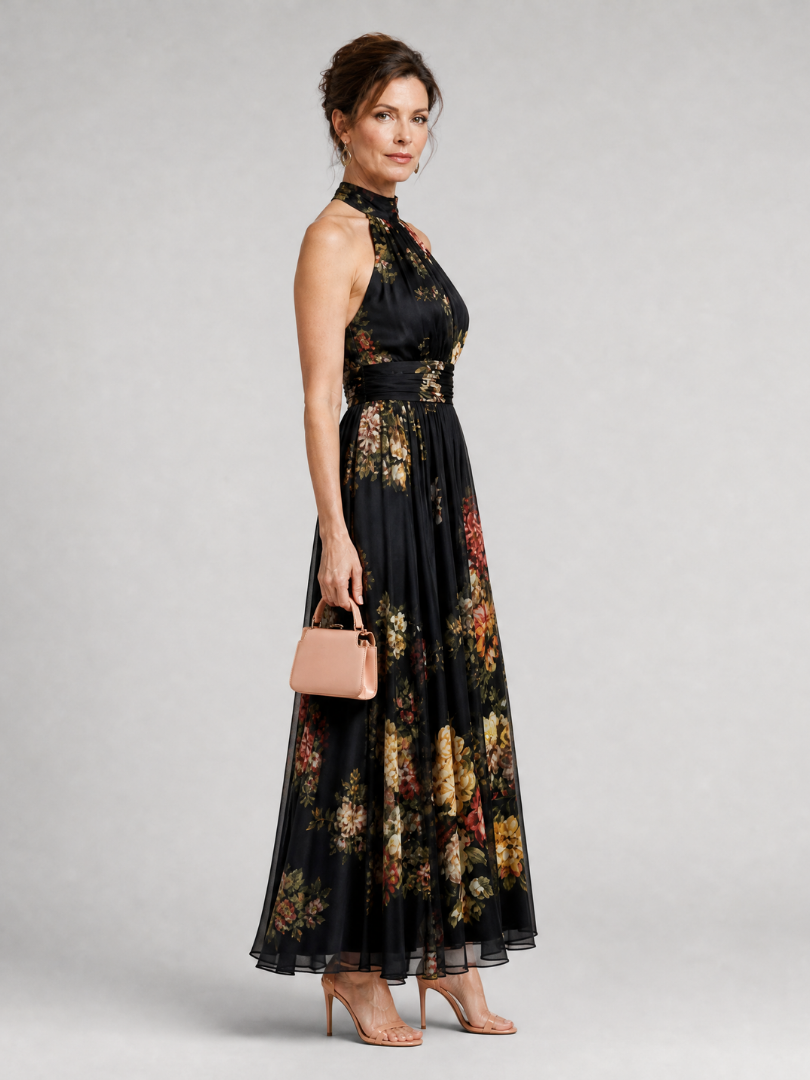 Floral Halter Neck Ruched Waist Maxi Dress 4