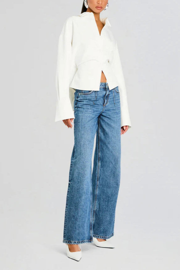 Collared Long Sleeve Corset Waist Cropped Shirt 4