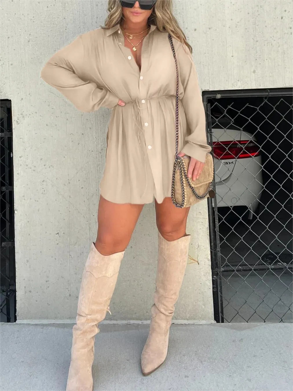 Satin Collared Button Front Long Sleeve Tie Waist Shirt Mini Dress - View 7