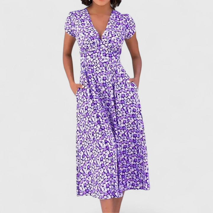 Ditsy Floral V-Neck Short Sleeve Pocket Midi Dress 3