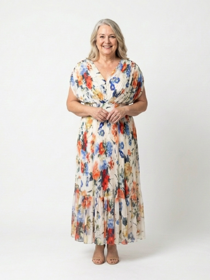 Watercolor Floral V-Neck Pleated Maxi Dress 4