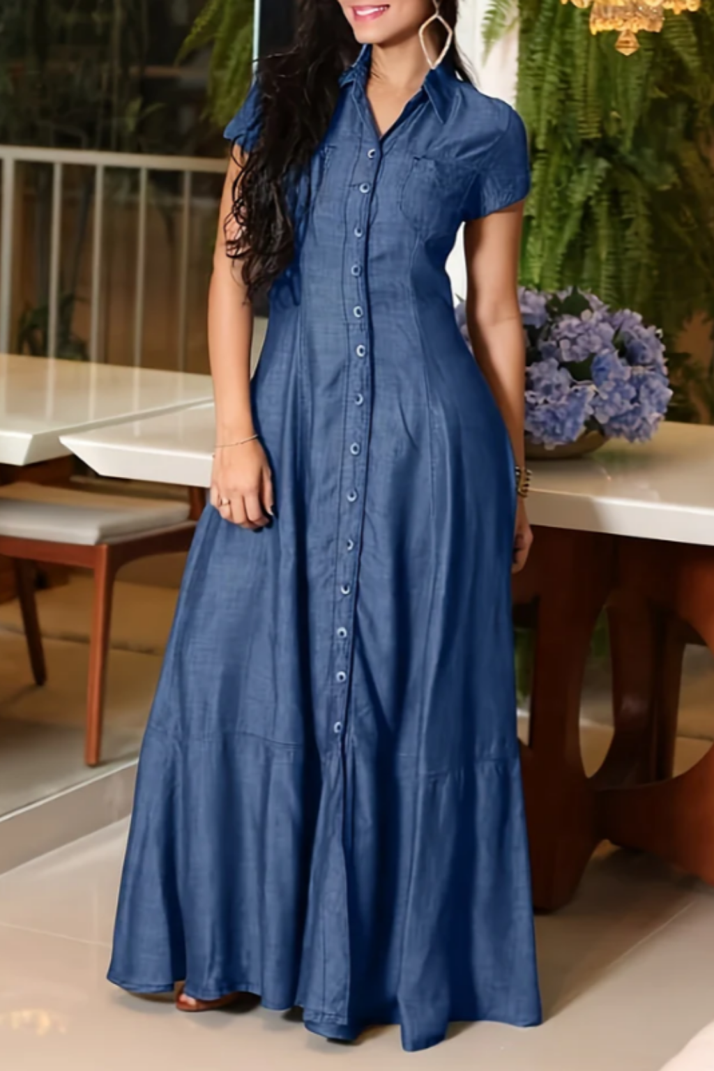 Denim Collared Short Sleeve Chest Pocket Tiered Maxi Dress 3