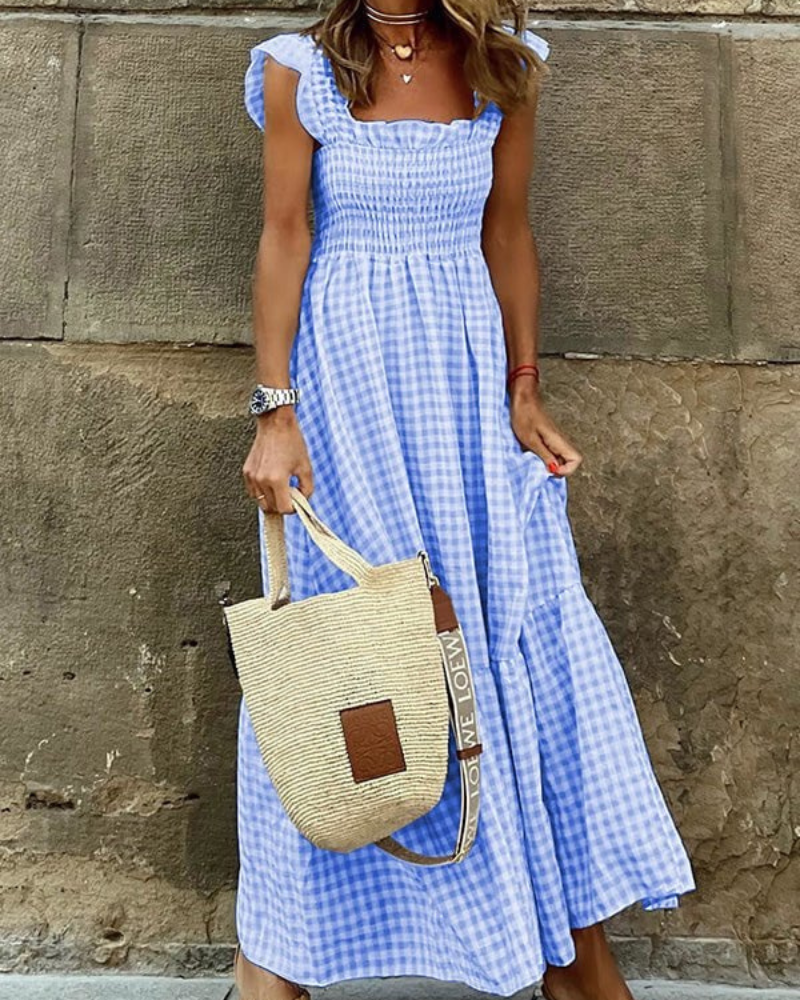 Gingham Smocked Square Neck Tiered Ruffle Cap Sleeve Maxi Dress - View 3