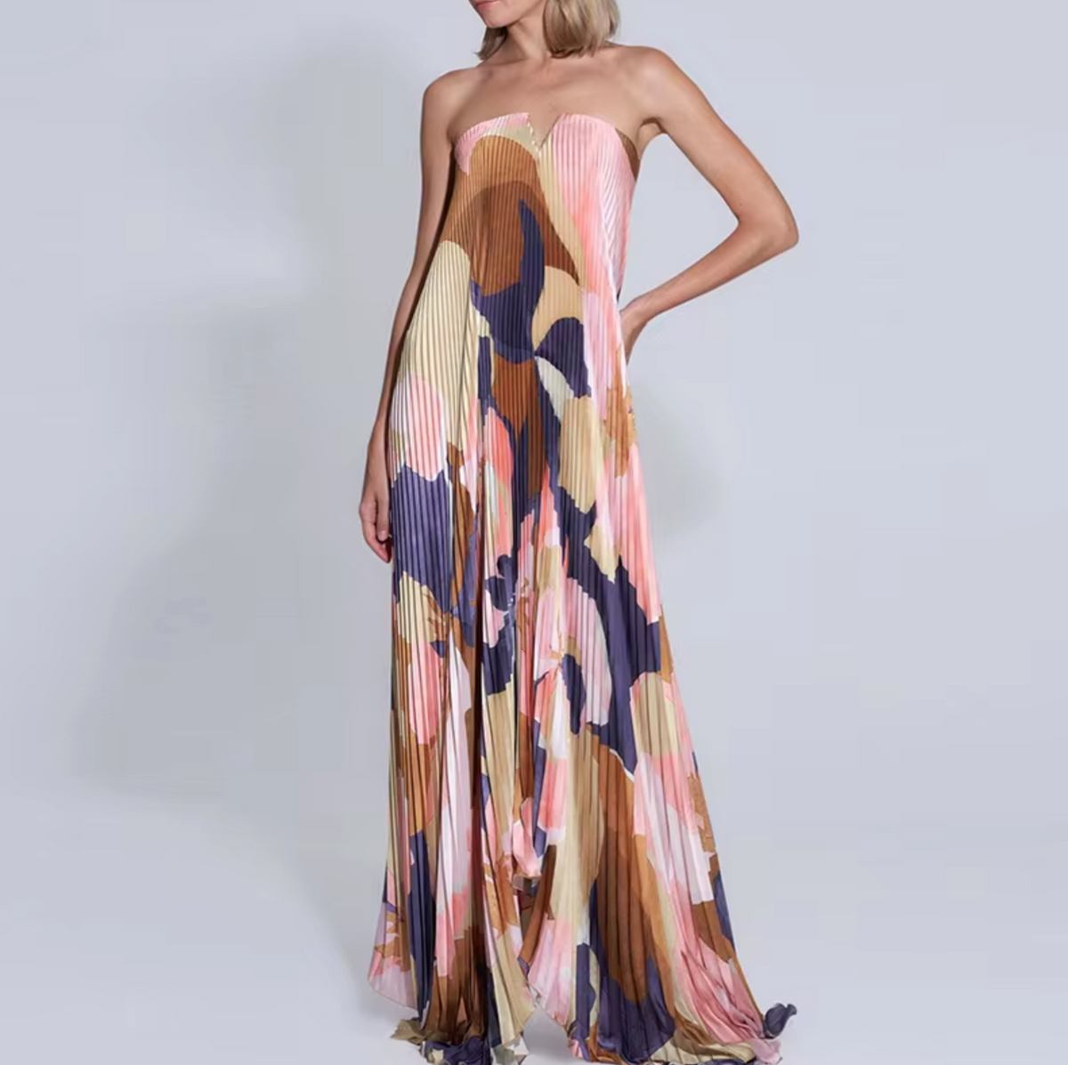 Strapless Floral Pleated A-Line Maxi Dress - View 4