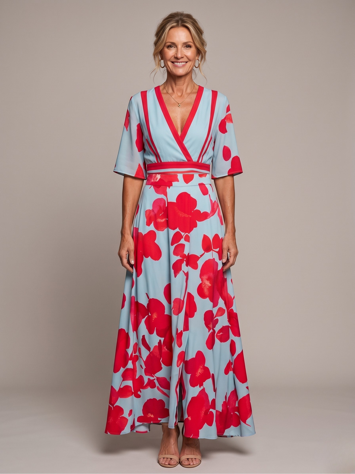 Floral Print V-Neck Wrap Fit and Flare Maxi Dress 2