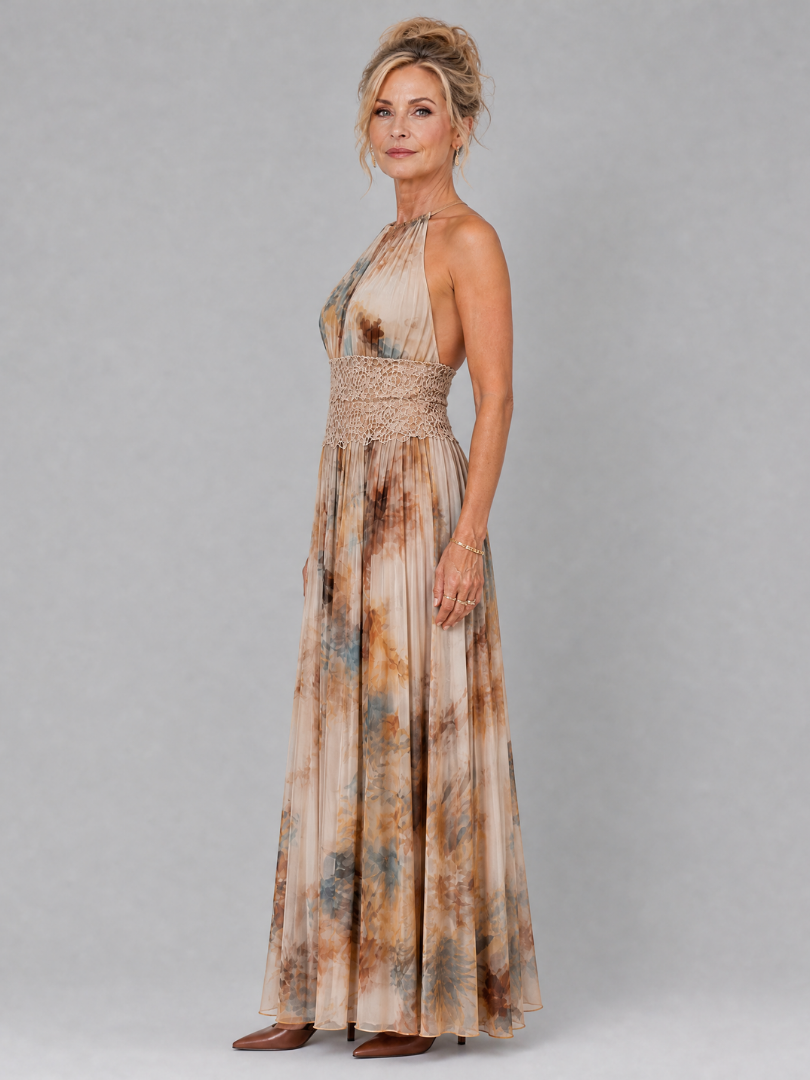 Marble Print Halter Neck Crochet Waist Maxi Dress 2