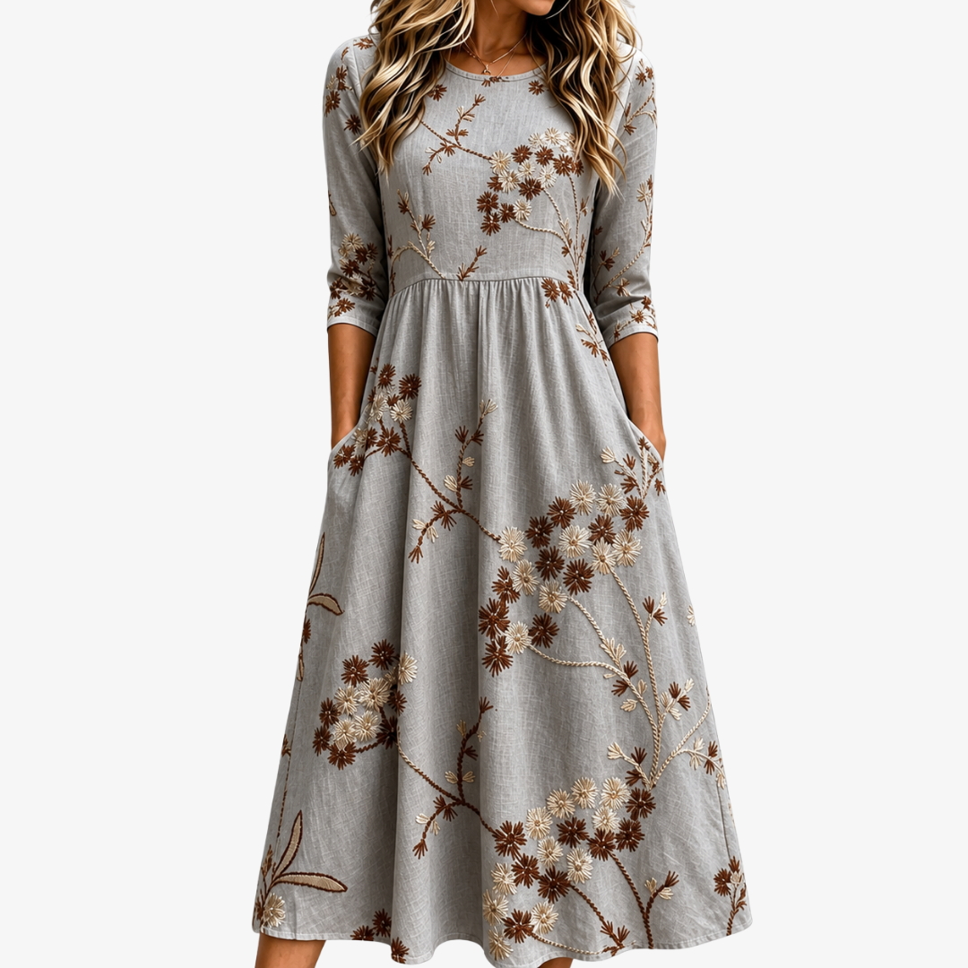 Floral Embroidered Pocket A-Line Midi Dress