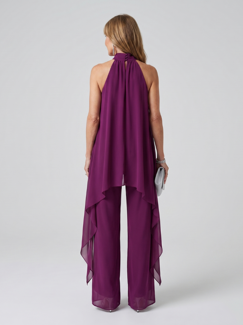 Halter Neck Chiffon Overlay Top and Wide Leg Pants Two Piece Set 4