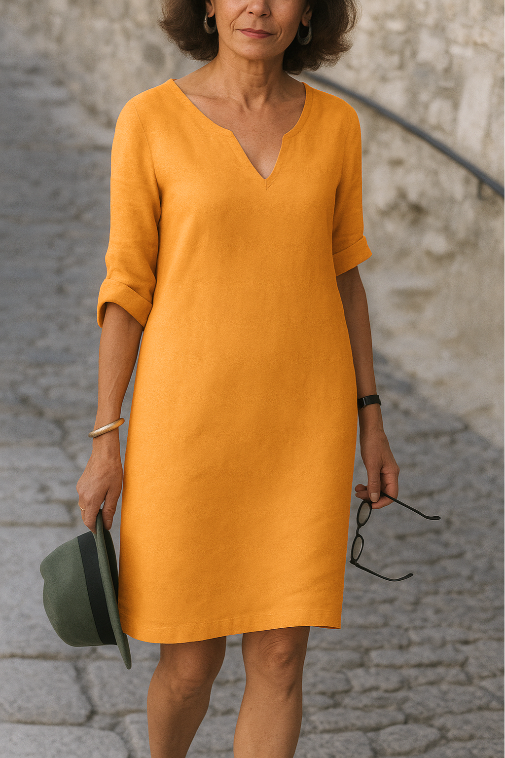 Notch V-Neck Roll Sleeve Shift Midi Dress 4