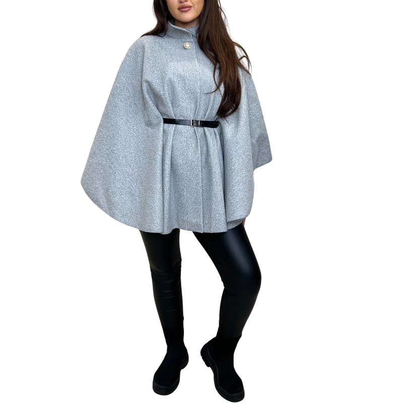 High Neck Belted Button Front Cape Coat 4