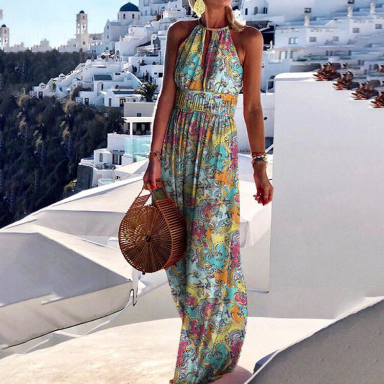 Paisley Print Halter Neck Keyhole Cut Out Smocked Waist Maxi Dress - View 3