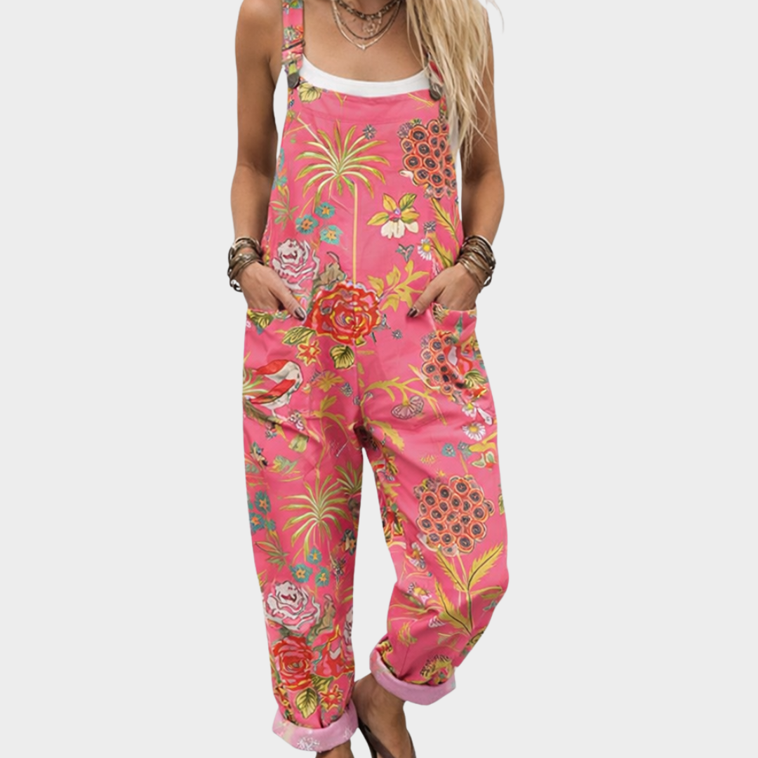 Floral Print Wide Leg Dungaree Overall Jumpsuit