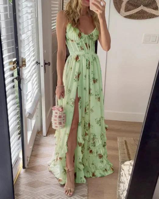 Floral Print Spaghetti Strap Sweetheart Corset Bodice Midi Dress - View 5