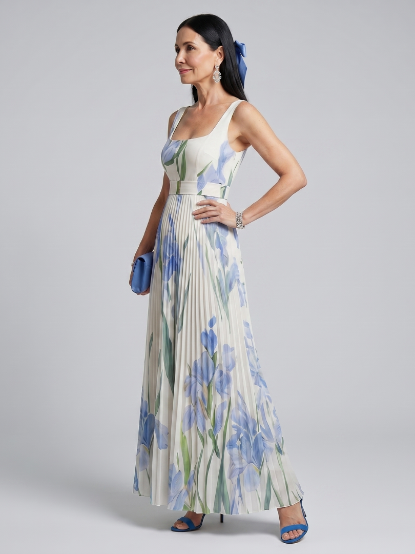 Floral Square Neck Sleeveless Pleated Maxi Dress 2