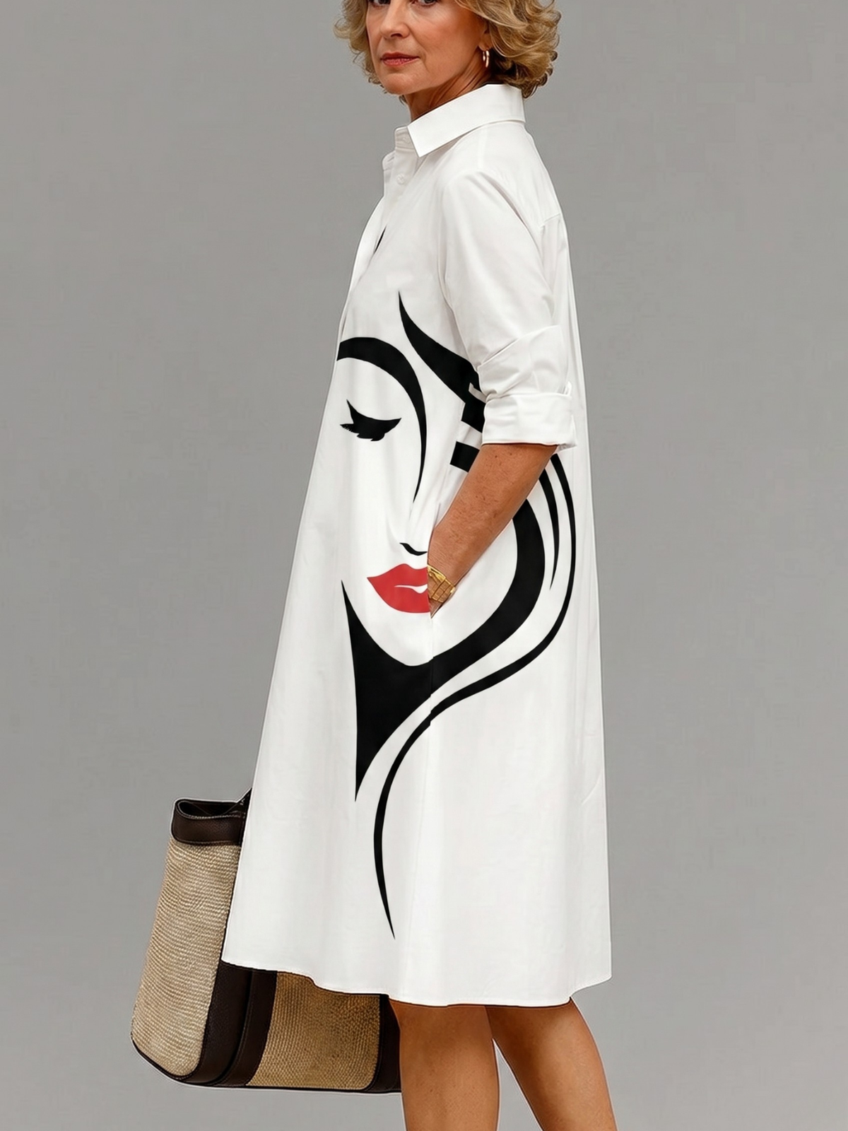 Face Print Collared Long Sleeve Button Placket Shirt Dress 2