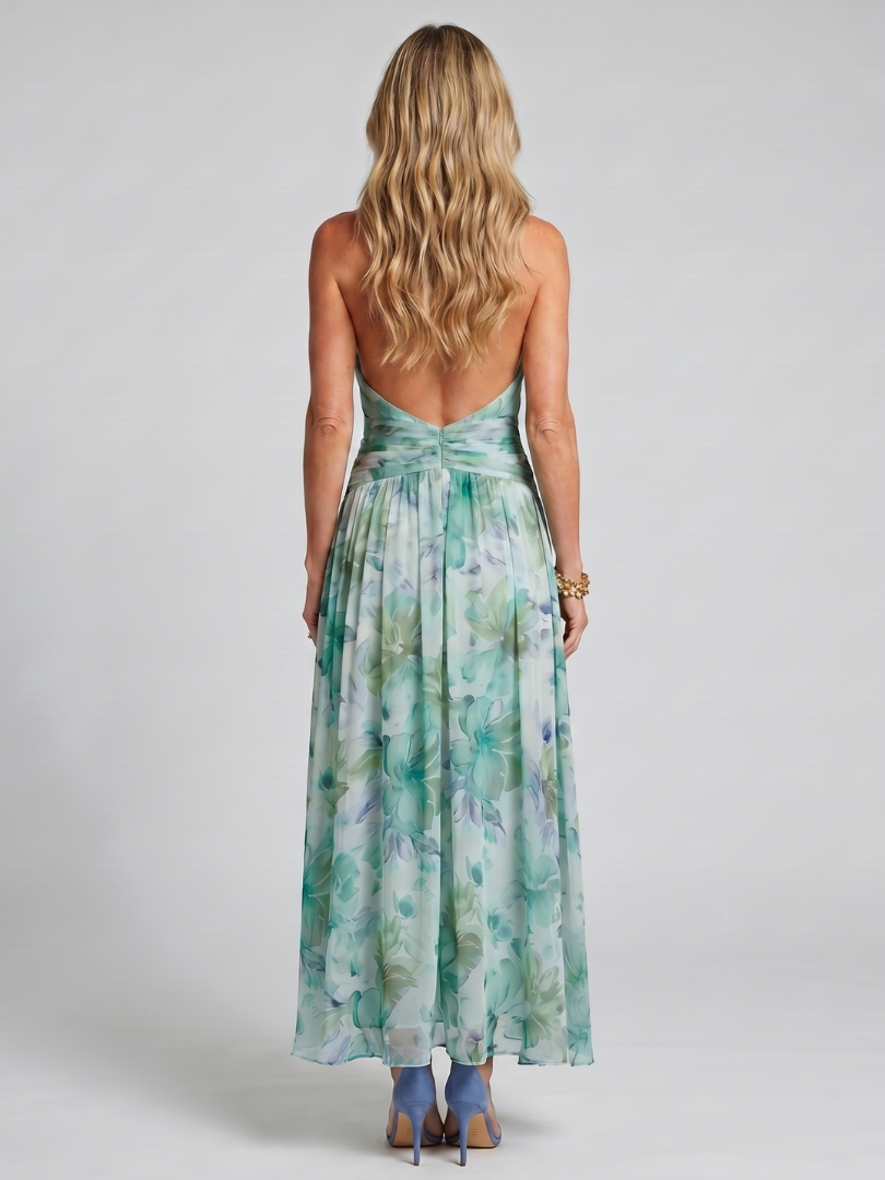 Floral Halter Neck Keyhole Ruched Waist Maxi Dress 4