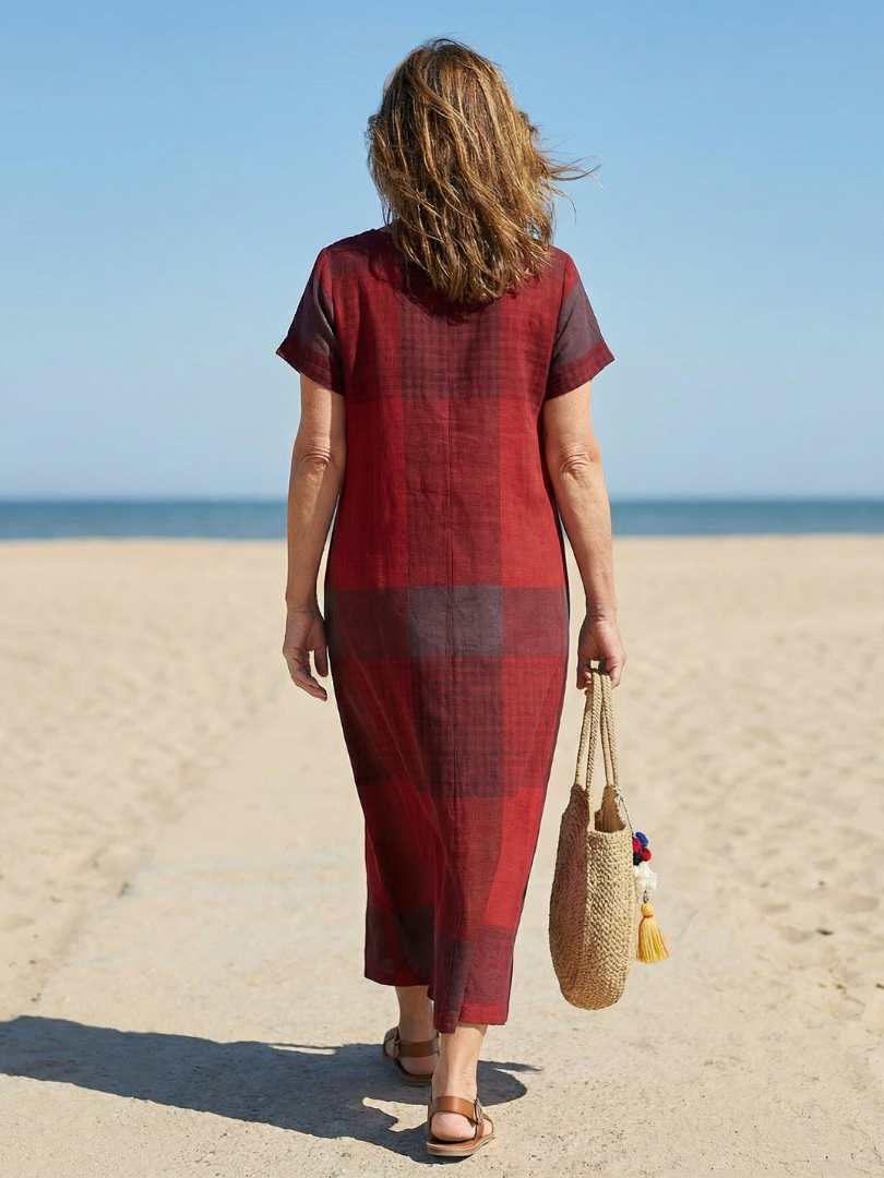 Round Neck Short Sleeve Plaid Maxi Dress 4