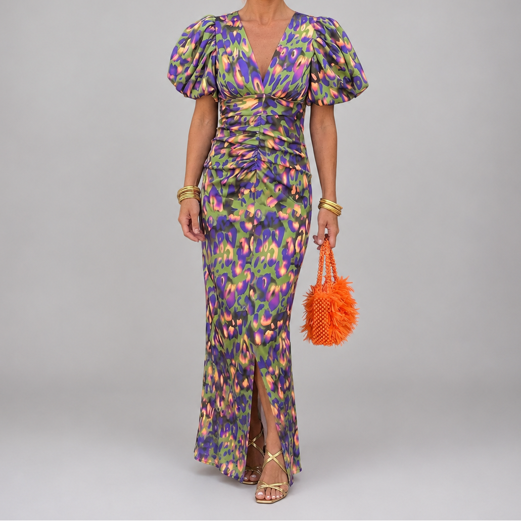 Ikat Print Deep V-Neck Puff Sleeve High Split Maxi Dress 3