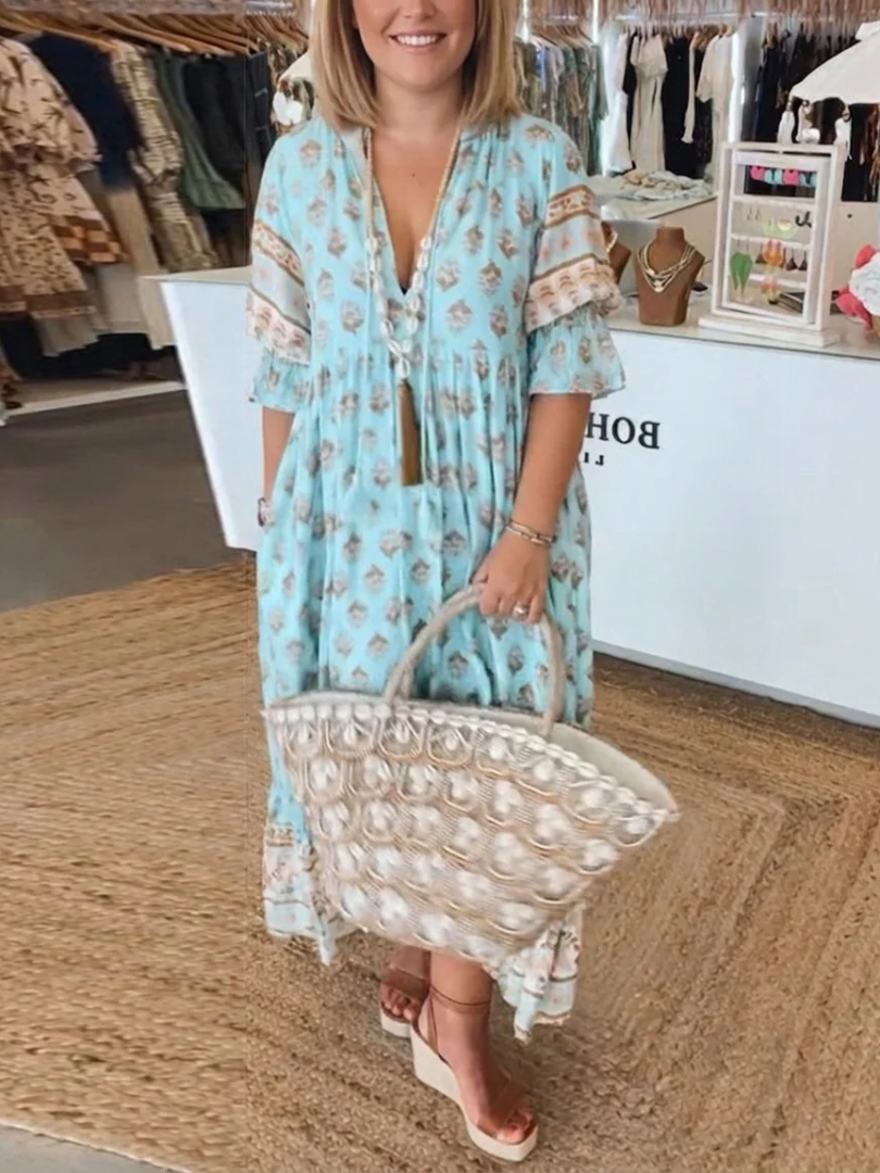 Floral Print V-Neck Bell Sleeve Tiered Boho Maxi Dress 4