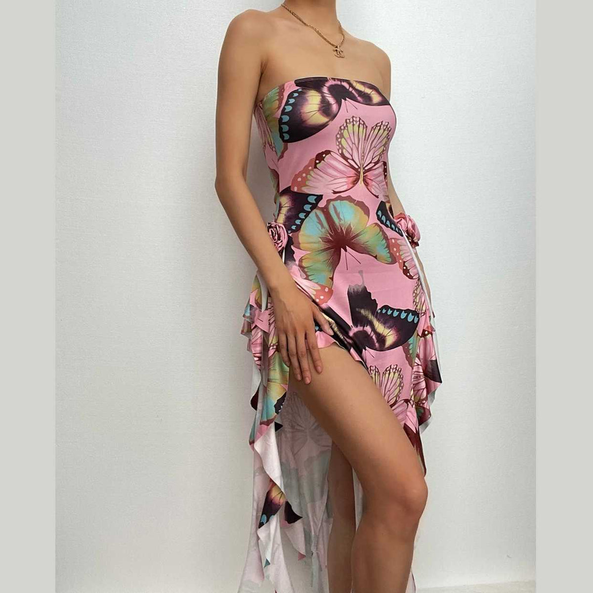 Butterfly print ruffle ribbon flower applique contrast maxi dress - View 2